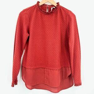 Elle Blouse Women Medium Orange Excellent Mixed Media Ruffle Neck Textured Knit